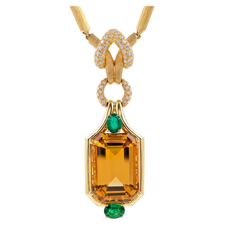 HENRY DUNAY Citrine Emerald Diamond Yellow Gold Necklace