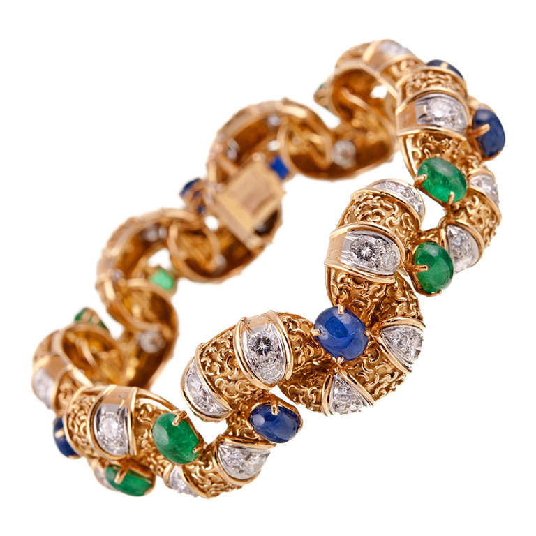 French Elegant Cabochon Sapphire and Emerald Diamond Bracelet