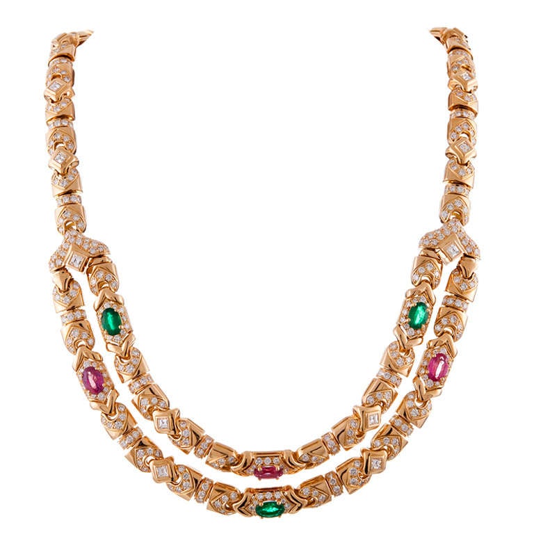 Bulgari Double Drop Link Necklace with Tourmaline and Diamonds