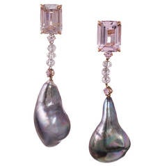 Tahitian Baroque Pearl Sapphire Pink Diamond Gold Dangle Earrings