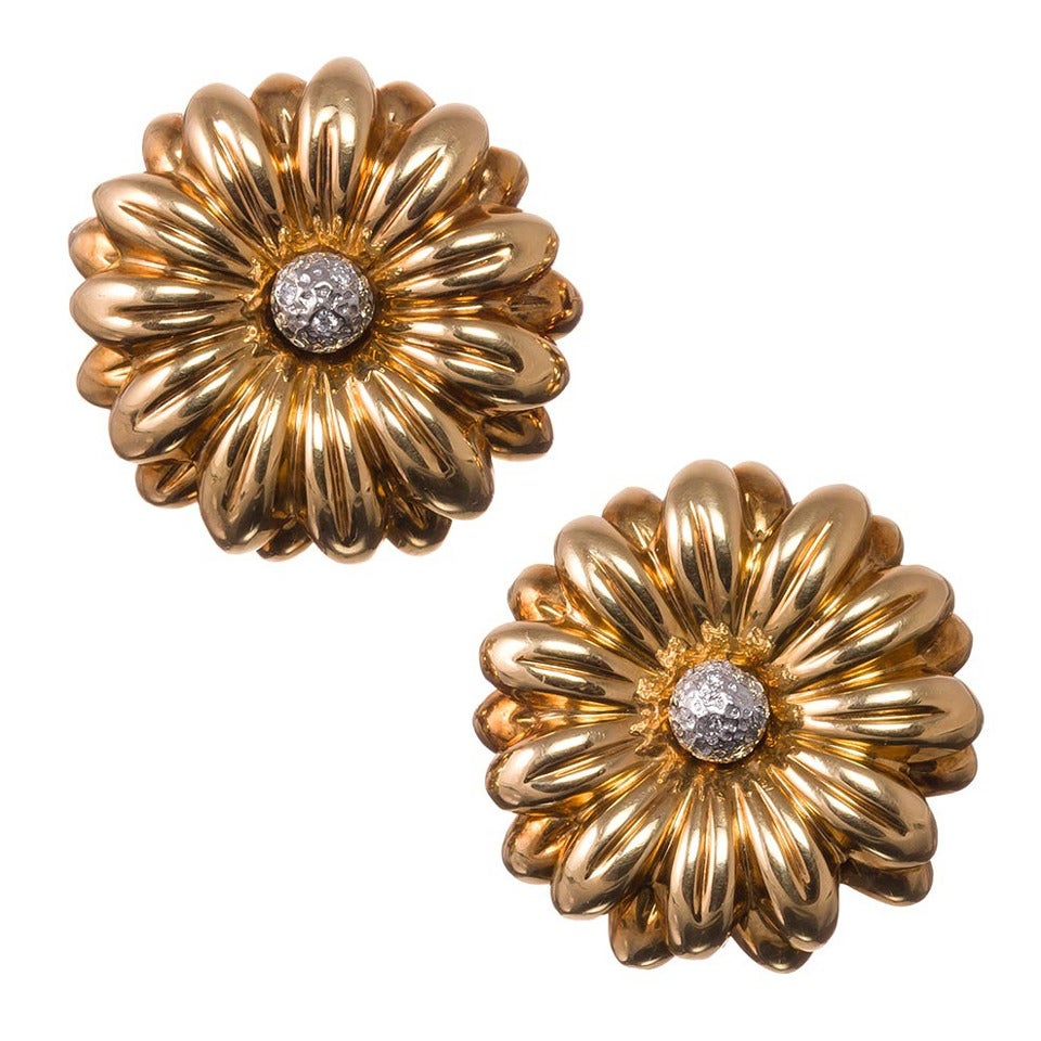 Italian Diamond Gold Sunflower Earrings