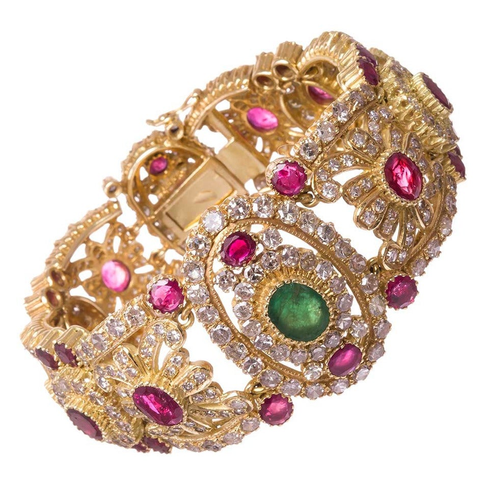 Ruby Emerald Diamond Gold Bracelet at 1stDibs