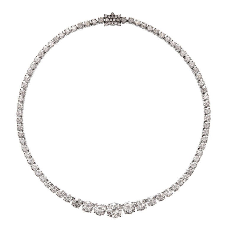Important Diamond Riviere Necklace. With a total diamond weight of 41.06 carats this is the penultimate in diamond necklaces! All the diamonds are color graded as G/H making a beautifully matched exceptionally beautiful handmade necklace measuring