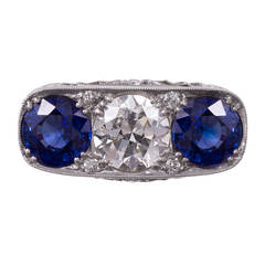 Art Deco Sapphire Diamond Platinum Filigree Ring 11