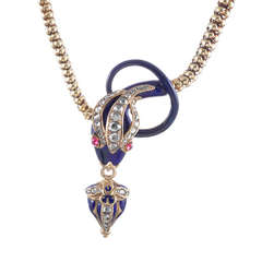 Oversized Victorian Snake Motif Diamond, Enamel and Ruby Necklace