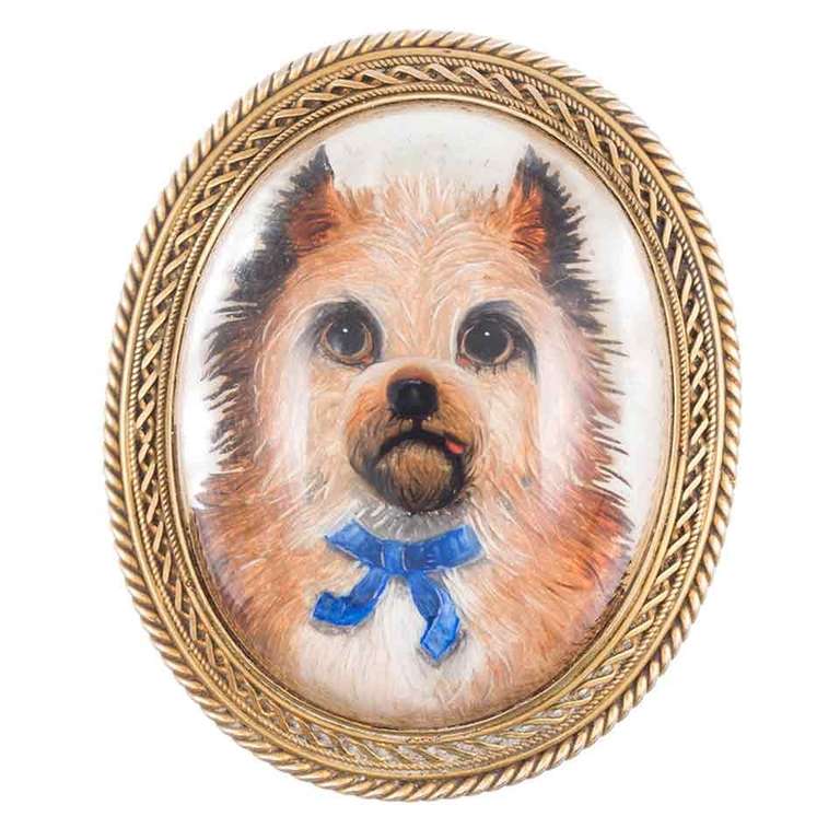 Victorian Reverse Painted Crystal Terrier Pin/Pendant