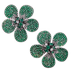 Large Emerald  Diamond Flower Earrings