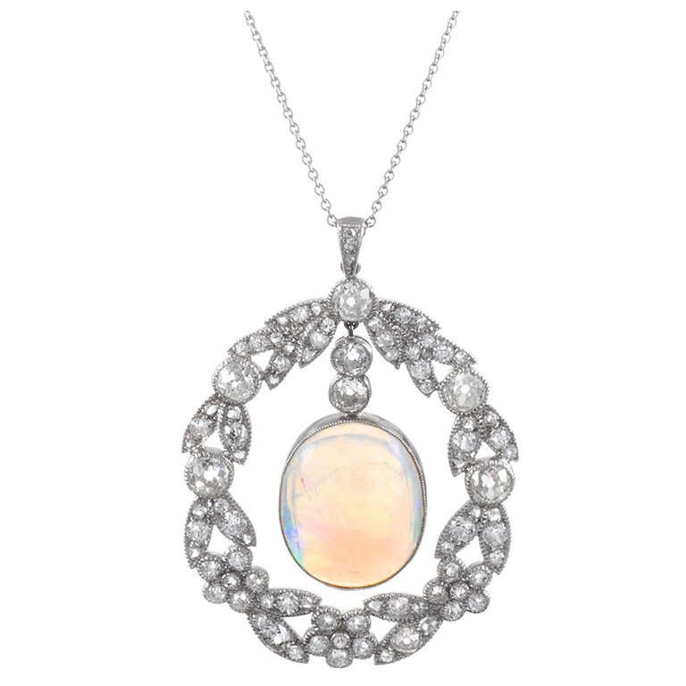 Art Deco Opal Diamond Platinum Pendant