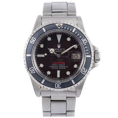 Retro Rolex Stainless Steel Red Submariner Wristwatch with "Tropical" Brown Dial