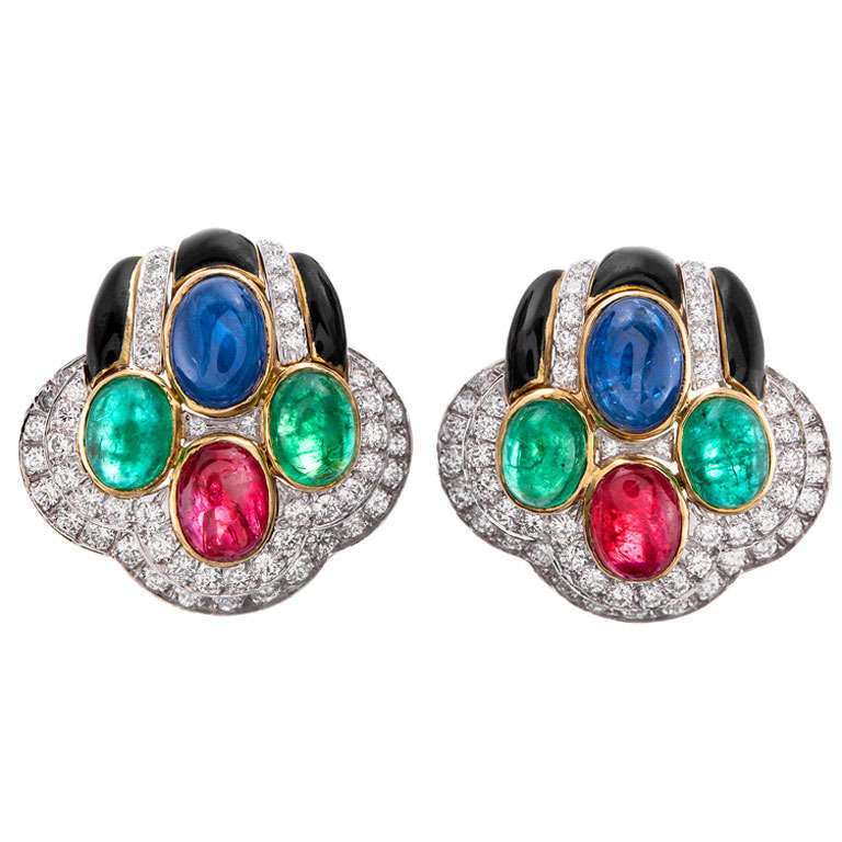 David Webb Cabochon Gemstone, Onyx and Diamond Earrings