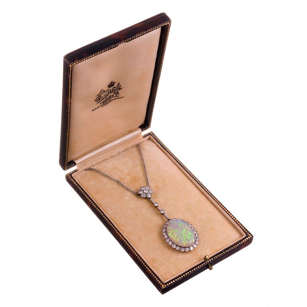 Mixed Cut Edwardian Opal Diamond Gold Platinum Drop Necklace For Sale