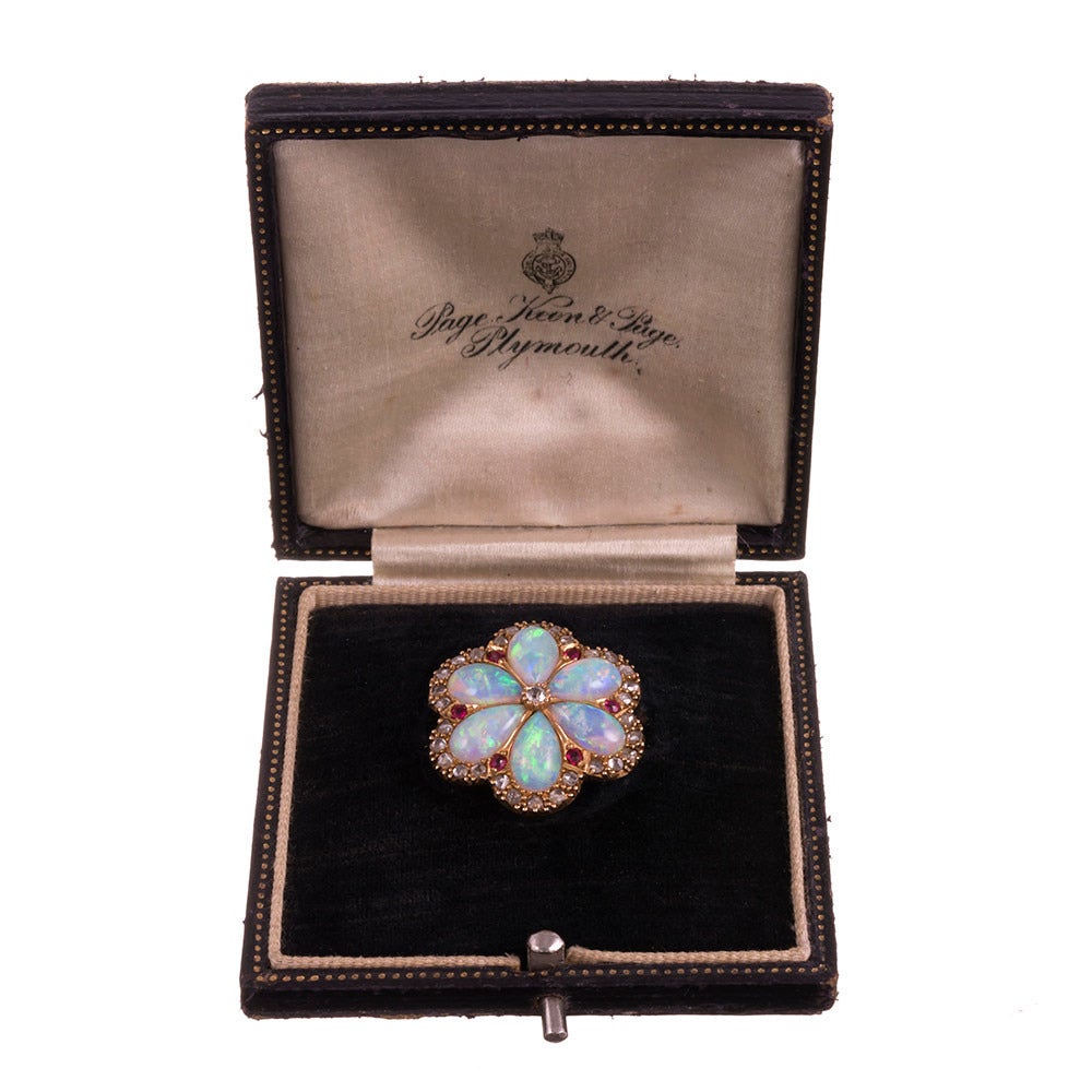 Victorian Opal Ruby Diamond Yellow Gold Flower Pin Pendant In Excellent Condition In Carmel-by-the-Sea, CA