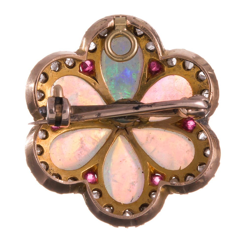 Women's Victorian Opal Ruby Diamond Yellow Gold Flower Pin Pendant