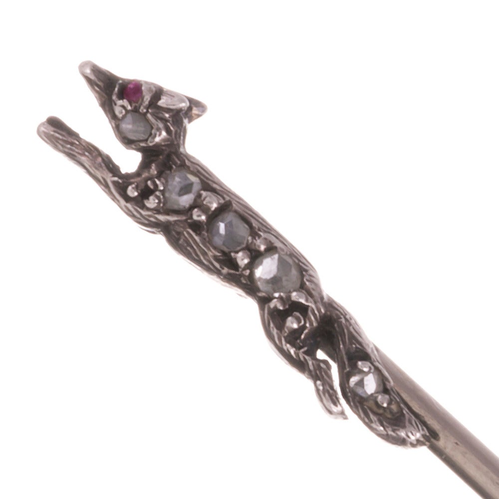 Victorian Fox Hunt Enamel Diamond Silver Gold Jabot Pin In Excellent Condition In Carmel-by-the-Sea, CA