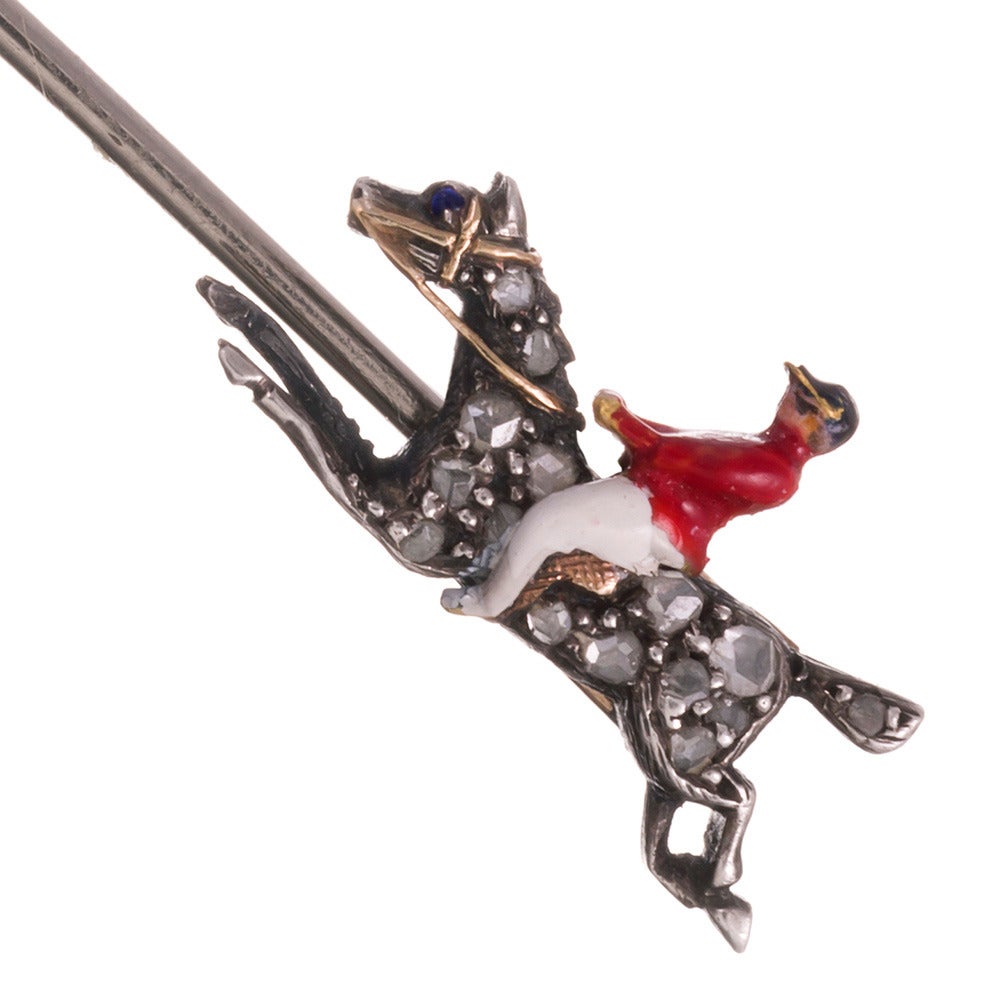 Women's or Men's Victorian Fox Hunt Enamel Diamond Silver Gold Jabot Pin