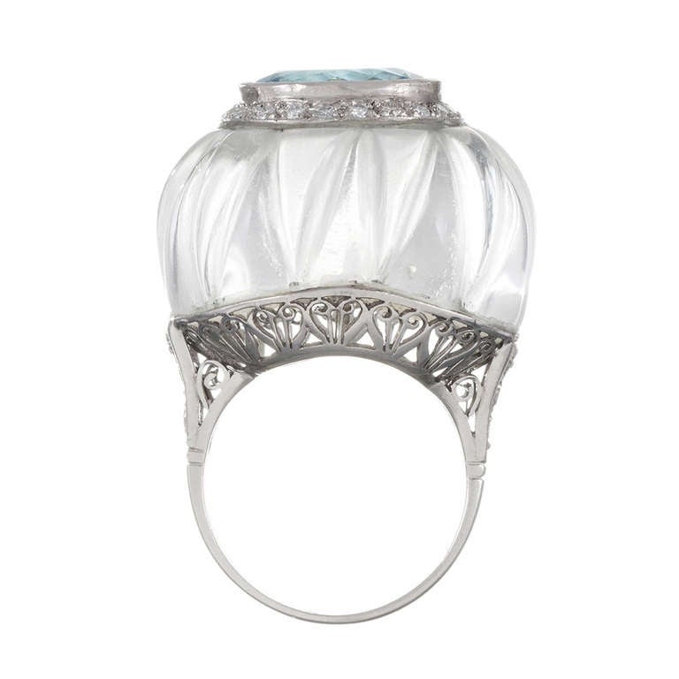 Women's Carved Rock Crystal, Aquamarine and Diamond Dome Ring