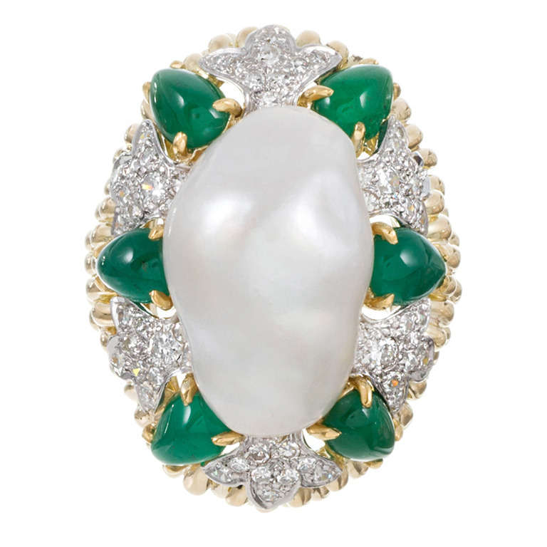 David Webb Large Baroque Pearl, Diamond and Emerald Cocktail Ring