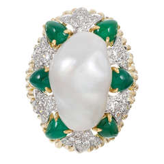 Vintage David Webb Large Baroque Pearl, Diamond and Emerald Cocktail Ring