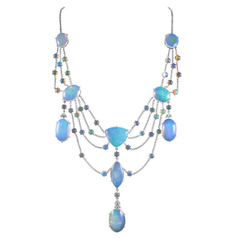 Fine Opal and Diamond Festoon Necklace
