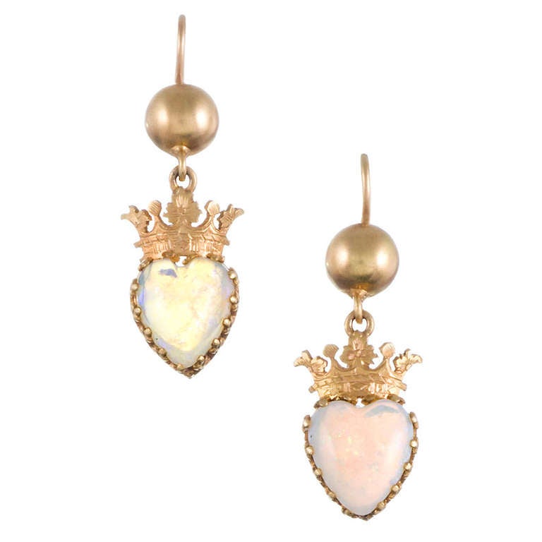 Victorian Opal Heart Drop Earrings