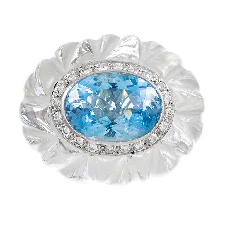 Carved Rock Crystal, Aquamarine and Diamond Dome Ring