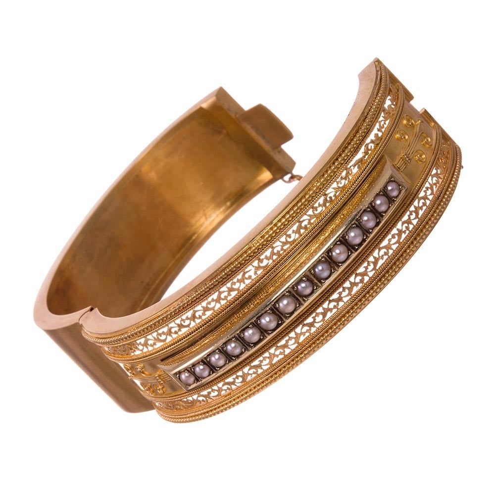 Victorian Pearl and Golden Lace Bangle in Original Box