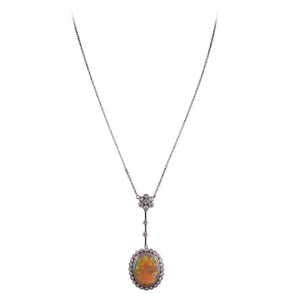 Edwardian Opal Diamond Gold Platinum Drop Necklace For Sale