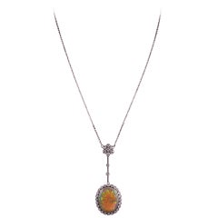 Edwardian Opal Diamond Gold Platinum Drop Necklace