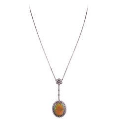 Edwardian Opal Diamond Gold Platinum Drop Necklace 4