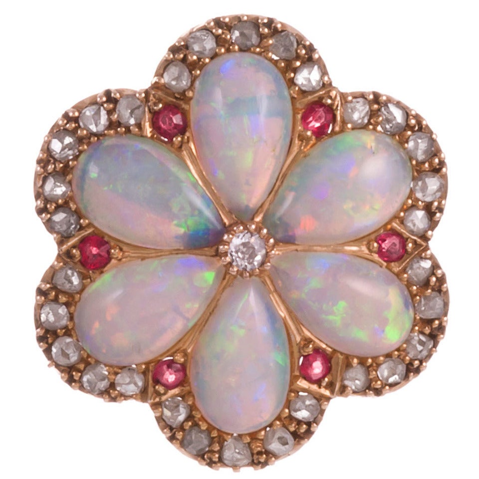 Victorian Opal Ruby Diamond Yellow Gold Flower Pin Pendant