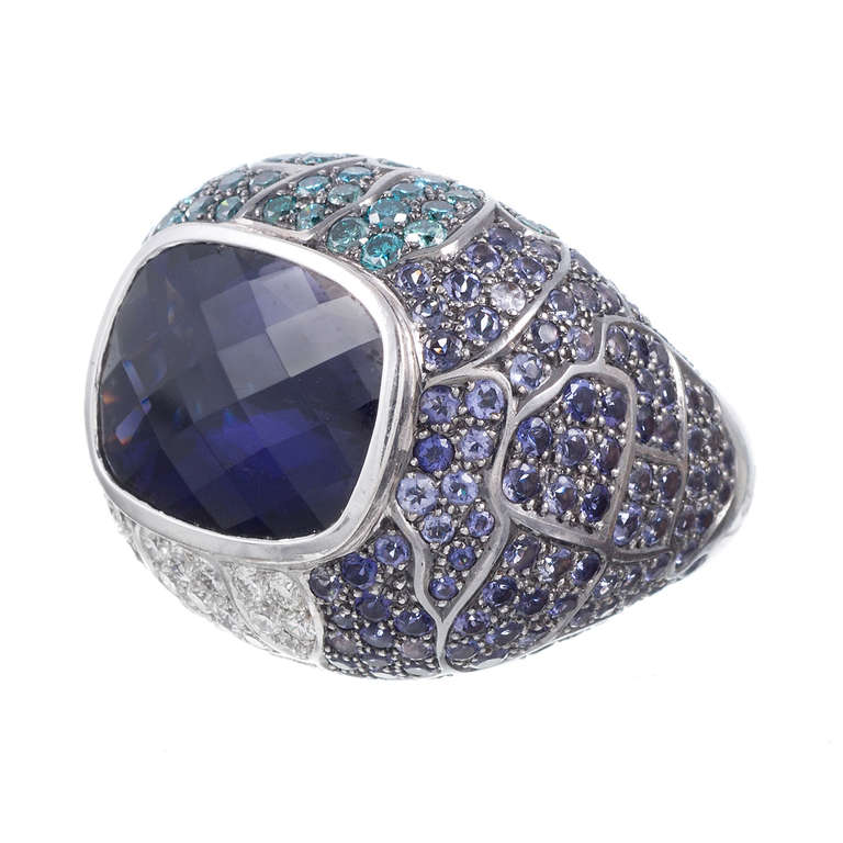 Created in 18k white gold with a large faceted tanzanite at the center, set in an elaborate frame of pave set tourmaline, tanzanite and diamond melee. 29 by 24 millimeters from the top and with a rose of  15 millimeters off the finger, this is a