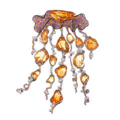 Grand pendentif "méduse" en opale de feu:: spessartite:: diamant et rhodolite