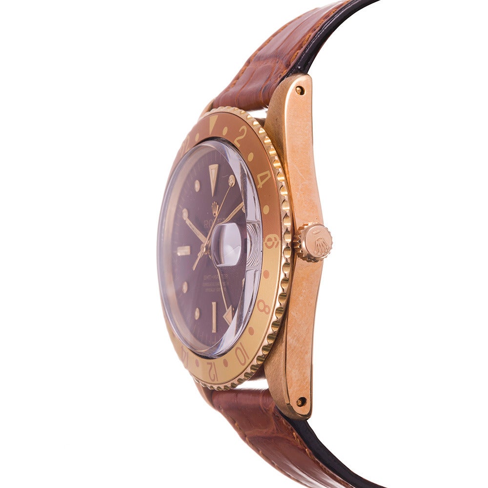 Rolex Yellow Gold No Crown Guard GMT-Master Wristwatch Ref 1675