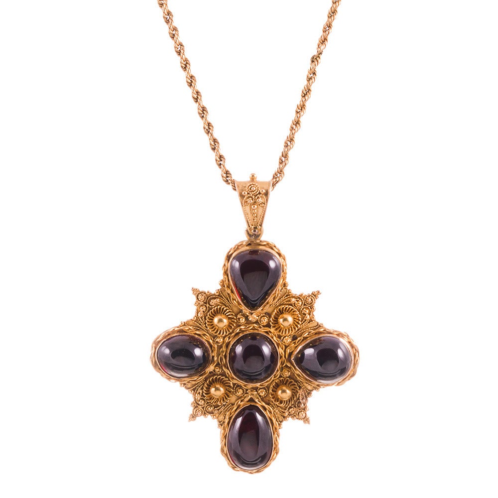 Victorian Cannetille Garnet Gold Cross Pendant