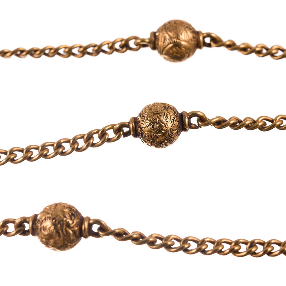 52 Inch Victorian Gold Chain with Engraved Orbs In Excellent Condition In Carmel-by-the-Sea, CA