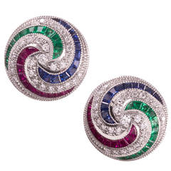Lucie Campbell Sapphire Ruby Emerald Diamond Gold Pinwheel Stud Earrings