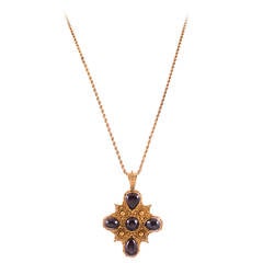 Victorian Cannetille Garnet Gold Cross Pendant