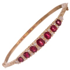 English Carved Style Ruby Diamond Gold Bangle Bracelet