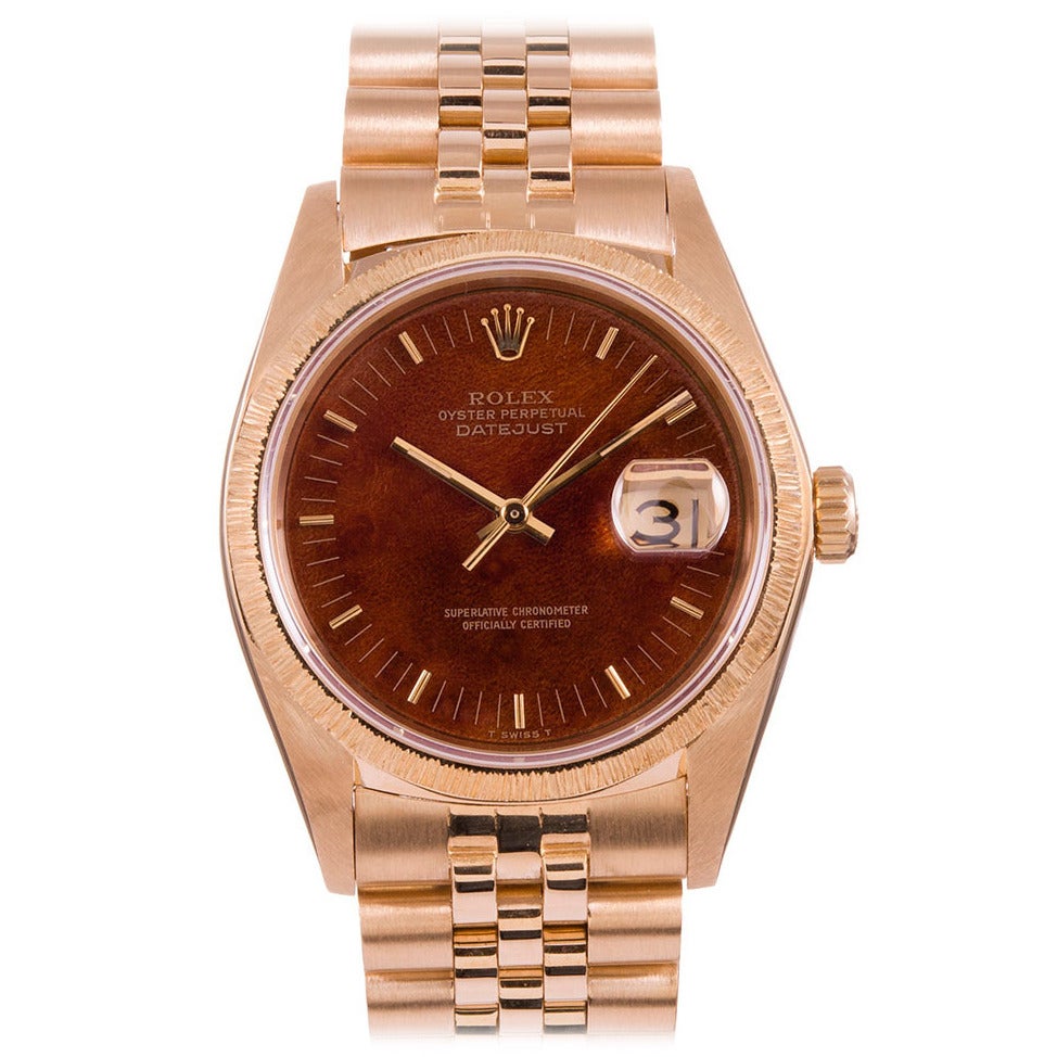 Rolex Yellow Gold Datejust Birch Wood Dial Bark Bezel Wristwatch Ref 16078