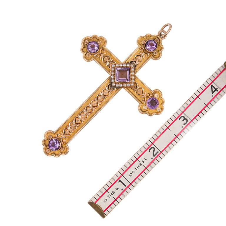 Victorian Giant Golden Reliquary Cross with Amethyst and Pearls