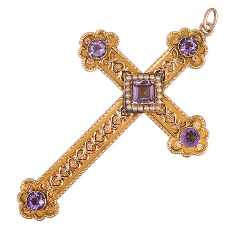 Giant Golden Reliquary Cross with Amethyst and Pearls