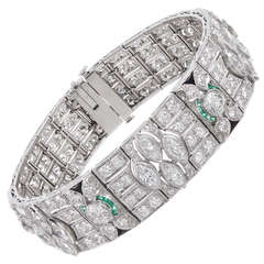 Art Deco Marquise Diamond and Emerald Platinum Bracelet