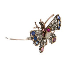 Victorian Pearl Gemstone Silver Gold Butterfly Pin Pendant