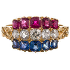 Antiker Americana Gold Cluster-Ring mit Saphir, Rubin und Diamant