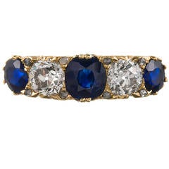 Perfect Victorian Sapphire Diamond Carved Gold Mount Engagement Ring