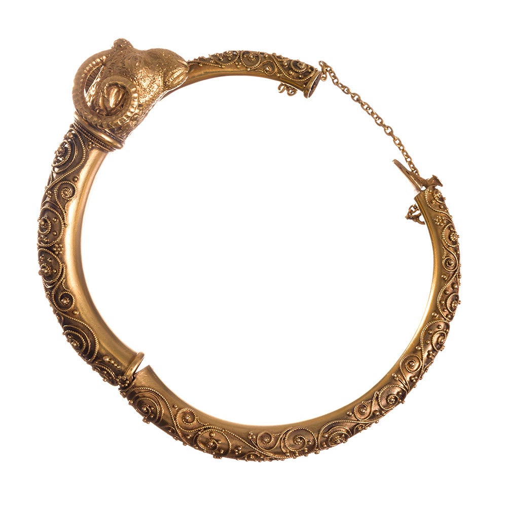 Etruscan Revival Heavily Granulated Etruscan Ram’s Head Gold Bangle Bracelet
