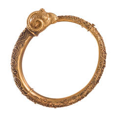 Heavily Granulated Etruscan Ram’s Head Gold Bangle Bracelet