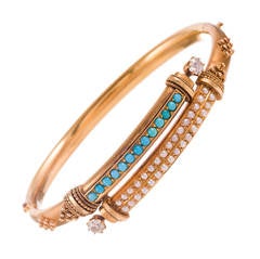 Antique Victorian Pearl Turquoise Diamond Gold Bypass Bangle Bracelet