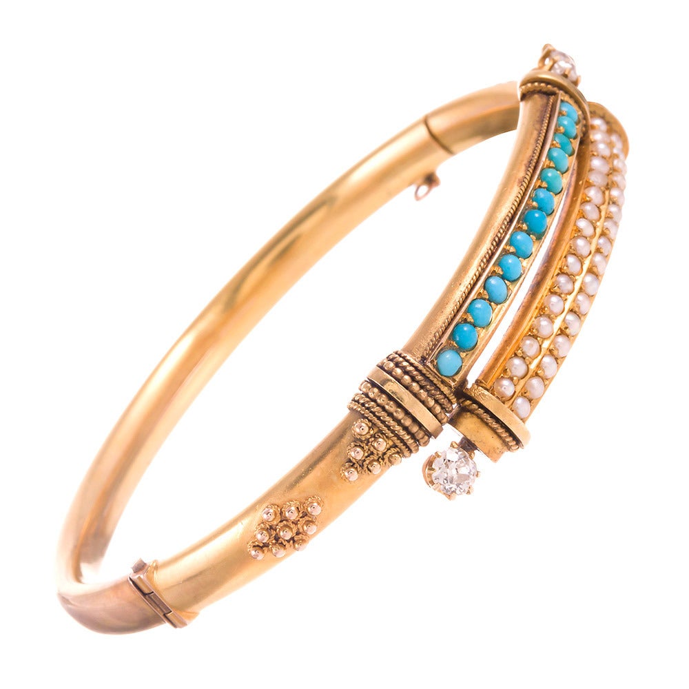 Victorian Pearl Turquoise Diamond Gold Bypass Bangle Bracelet