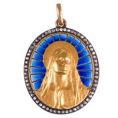 Antique 1906 F. Vernon Enamel Diamond Gold Madonna Pendant